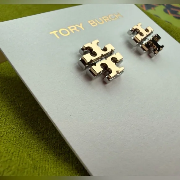 NWT! Tory Burch logo stud earrings in double gold: gold and silver tones - Picture 5 of 15